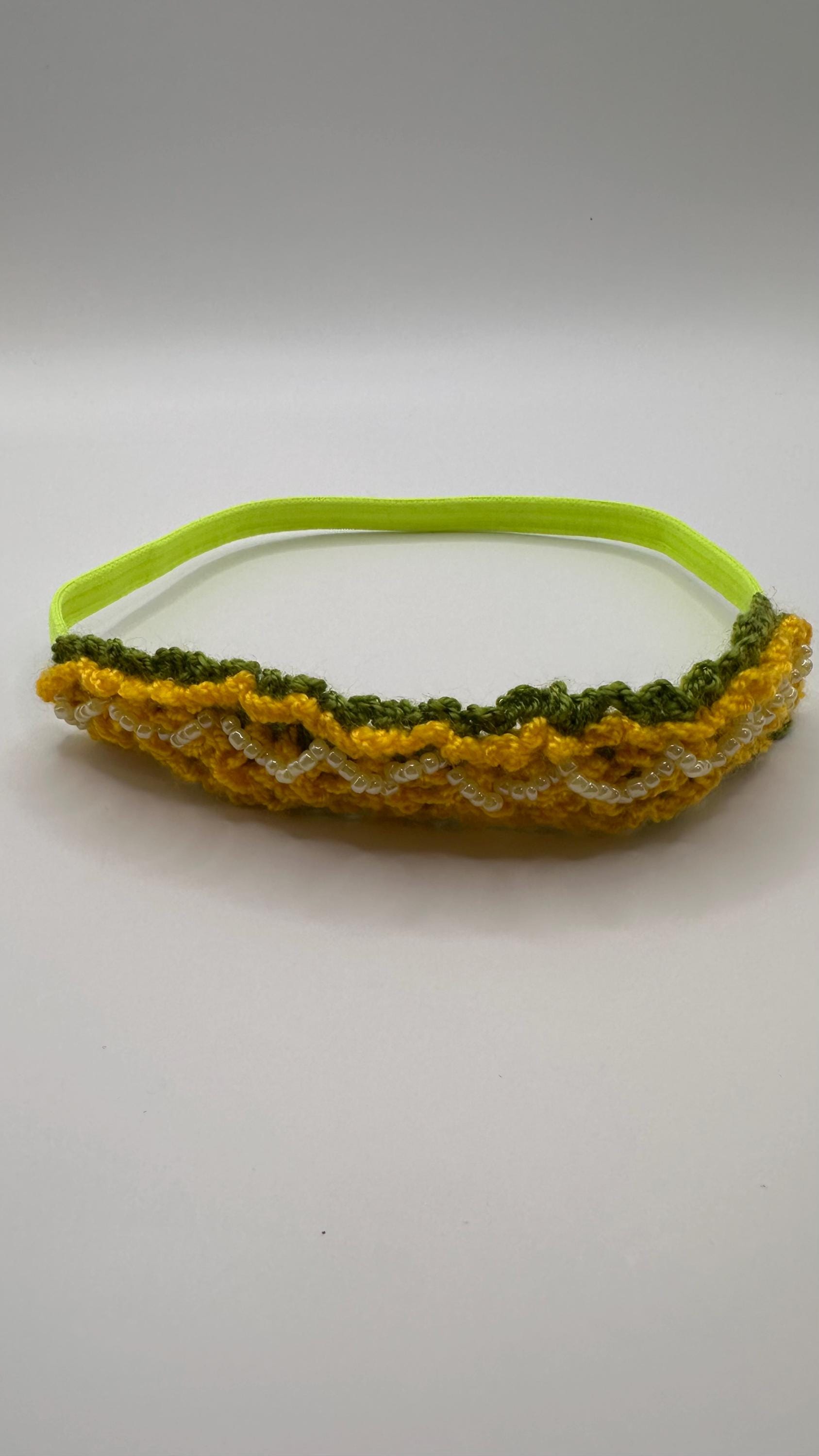 stirnband Gelb Grün Mit Perlen Gehäkelt Boho Haarband, Unikat, Handarbeit, Geschenk Mädchen Frühling Sommer, Crochet Flower Band, Einschulung von UnikatfadenDesign