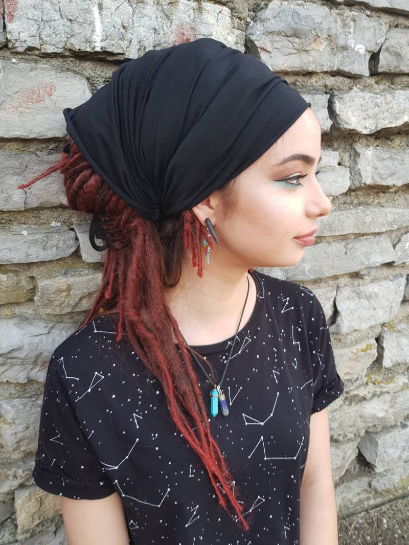 Dreadlock Tube Schwarz Stirnband Breit Yoga Boho Namaste Damen Herren Haar Schwarz Headwrap Kopftuch Dread Socke von Unikatina