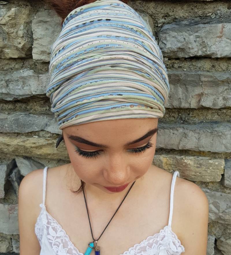 Pastell Kopftuch Leichter Turban Baumwolle Stirnband Jersey Schal Schwarz Paislay Viskose Haarband Sommer Yoga Dehnbar von Unikatina