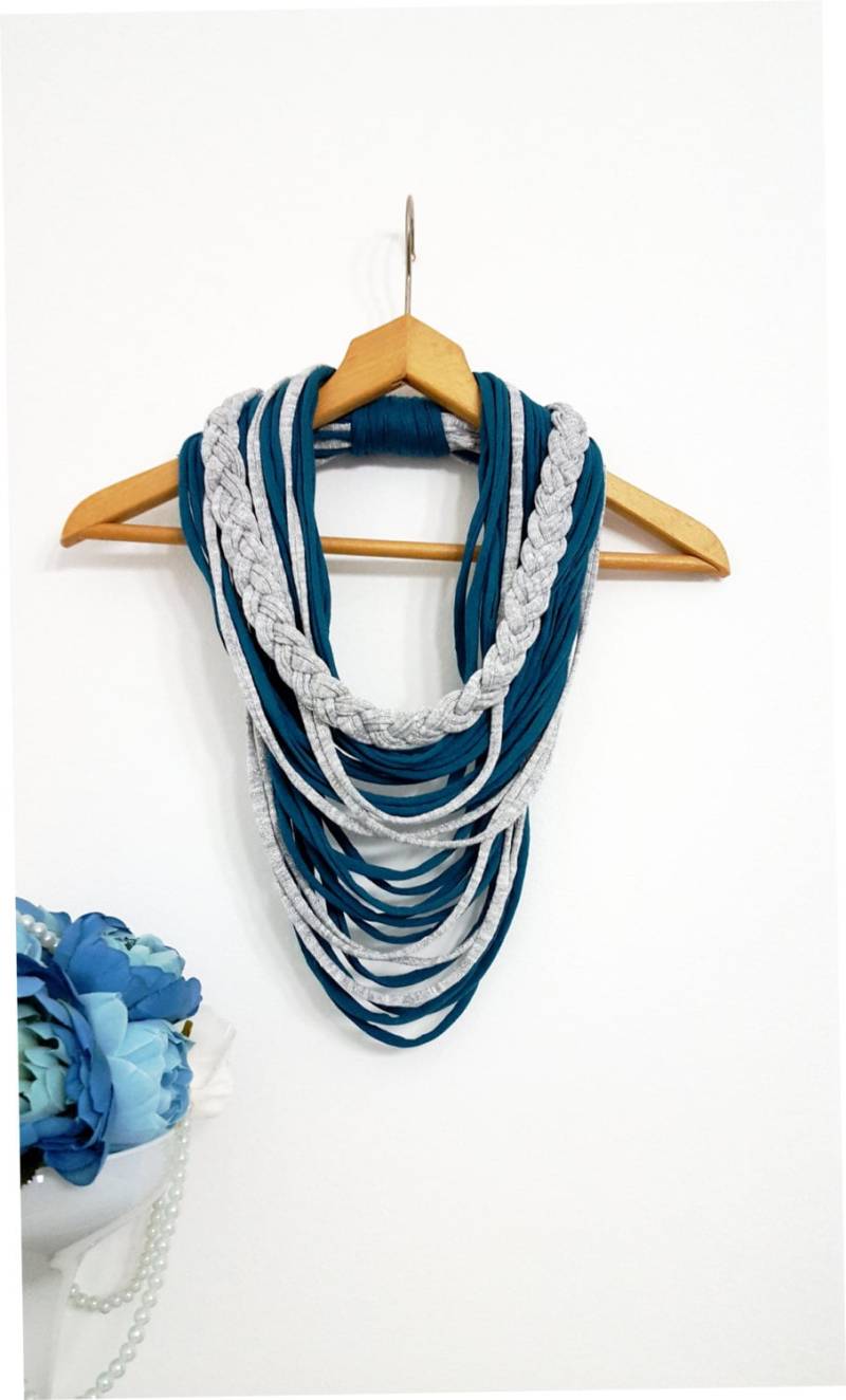 Petrol Grau Unendlichkeit Schal Halskette Textil Stoff Statement Loop Frau Schals Geflochtener Teal Für Glitzernde von Unikatina