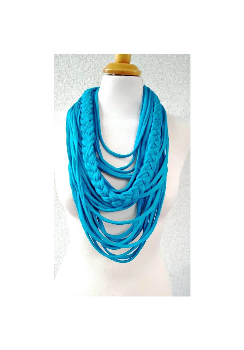 Türkis Schal Halskette Textil Stoff Statement Lange Multistrangs Loop-Halskette Geflochtene Frau Große Öffnung von Unikatina