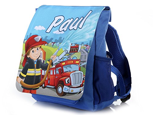 Unikatolo Werbetreff Gera Kinder-Rucksack mit Name - Personalisierter Kindergarten-Rucksack - Kita-Tasche - bedruckt - Geschenk-Idee Junge - Feuerwehr - Blau von Unikatolo