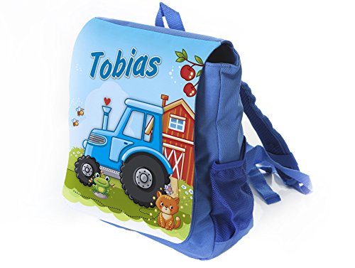 Unikatolo Werbetreff Gera Kinder-Rucksack mit Name - Personalisierter Kindergarten-Rucksack - Kita-Tasche - bedruckt - Geschenk-Idee Junge - Traktor - Blau von Unikatolo