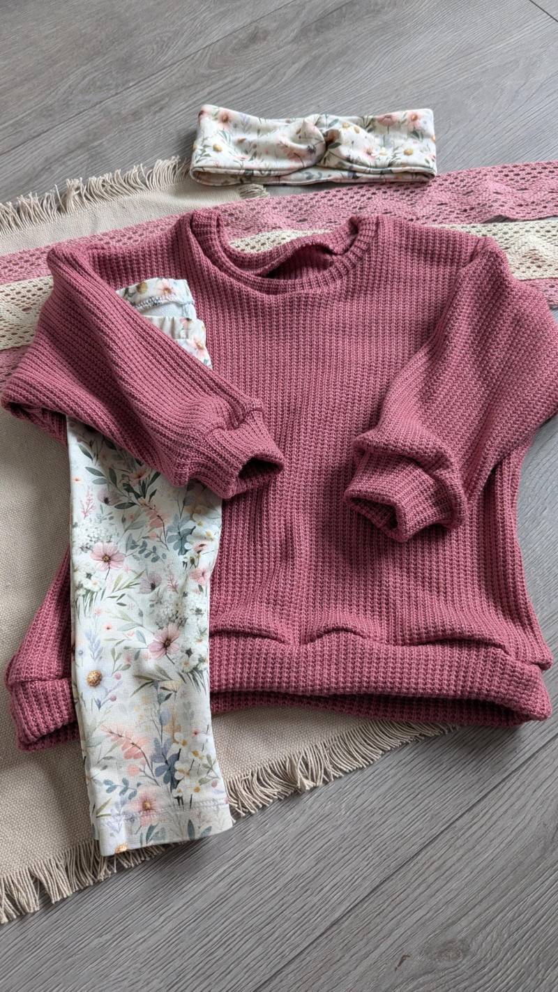 Baby/Kinder Set Einfarbiger Oversized Strick Pullover | Strickjacke, Leggings & Haarband | Stirnband Mit Blumenmuster von FadenTwist