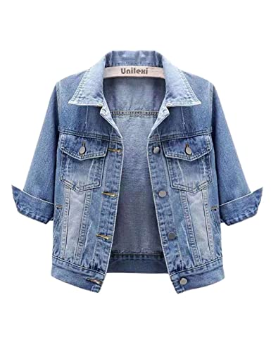 Unilexi Damen 3/4 Ärmel Farbige Cropped-Jeansjacke Leicht Waschbar Kurze Jeans Jacke Trucker Mantel, hellblau, Large Unilexi Damen 3/4 Ärmel Farbige Cropped-Jeansjacke Leicht Waschbar Kurze Jeans Jacke Trucker Mantel, hellblau, Large von Unilexi