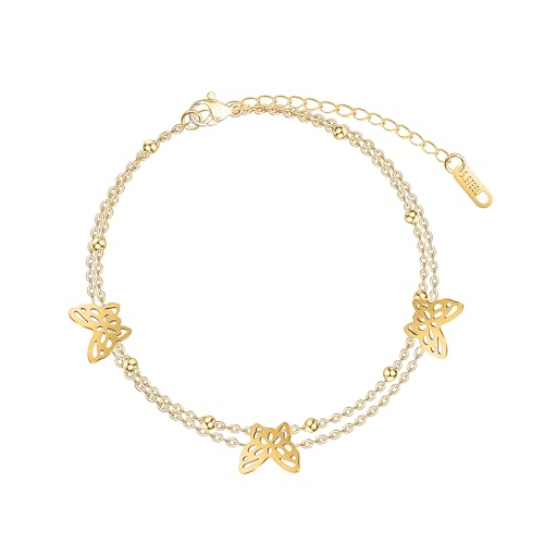 Unimooie Edelstahl Fußkette mit Schmetterling Anhänger Doppellagiges Damen Fußkettchen Wasserdicht & Langlebig Elegantes Geschenk für Frauen Geburtstag Urlaub Strand Verstellbare Länge von Unimooie