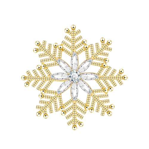 Unimooie Elegante Schneeflocken Brosche Damen Goldüberzogen Mit Weißen Zirkonia Steinen Festlicher Schmuck Hochzeitsaccessoire Wintermode Geschenk Für Frauen von Unimooie