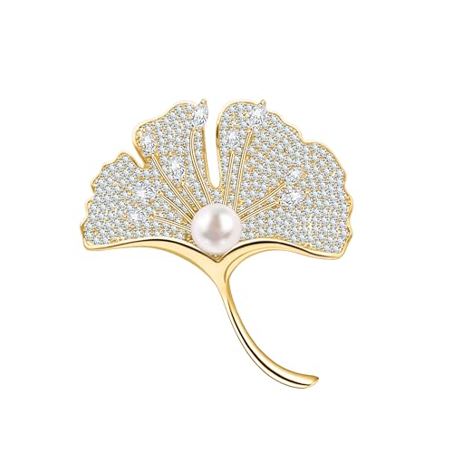 Unimooie Ginkgoblatt Brosche Damen Vergoldete 3D Zirkonia Brosche mit Perle Elegante Ginkgo Blatt Anstecknadel für Blazer Schal Geschenk für Frauen von Unimooie