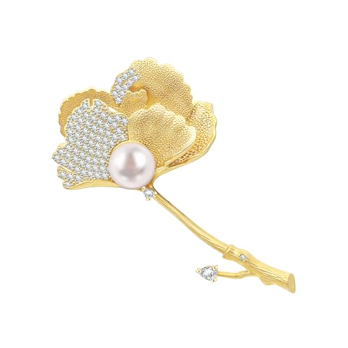 Unimooie Ginkgoblatt Brosche Damen Vergoldete 3D Zirkonia Brosche mit Perle Elegante Ginkgo Blatt Anstecknadel für Blazer Schal Geschenk für Frauen von Unimooie