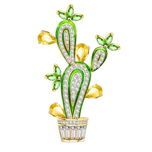Unimooie Kaktus Topf Brosche Damen Vergoldet Mit Grünen Gelben Zirkonia Steinen Vintage Design Naturinspirierte Brosche Geschenk Für Frauen Mutter Festliche Accessoires von Unimooie