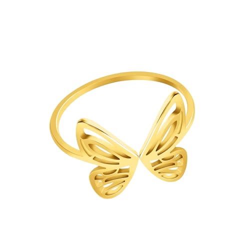 Unimooie Schmetterlingsring für Frauen Damen Wasserdicht Beständig Edelstahl mit Gold Veredlung Ring Geburtstage Strände Urlaub Täglich Tragen Ring von Unimooie