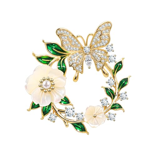 Unimooie Vergoldete Schmetterling-Blumenkranz Brosche Damen - Zirkonia-Schmetterling auf Blumenkranz mit Perlmutt-Blüten & Emaille-Blättern - Elegantes Festtags-Accessoire für Mantel & Abendkleider von Unimooie