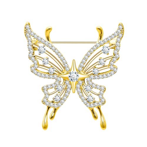 Unimooie Zirkonia Schmetterlings Brosche Damen - Vergoldete Brosche Mit Durchbrochenen Flügeln Und Funkelnden Zirkonia Steinen - Elegantes Accessoire Für Schal Mantel Festliche Anlässe von Unimooie
