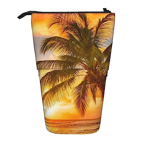 Sunset Hawaiian Palm Tree Waves Print Bleistift Fall Teleskop Stift Tasche Stehend Pop Up Bleistift Halter Mit Reißverschluss Für Büro, Schwarz , Einheitsgröße von Uniond