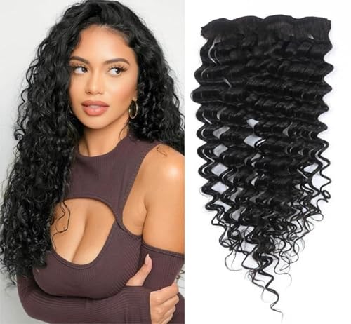 Unipearl Deep Curly Clip in Extensions Echthaar，40cm 16 Zoll 8PCS 100g Natürliches Schwarz Haarverlängerung für Frauen Water Wave Remy Hair Extensions Clip in von Unipearl