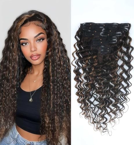 Unipearl Deep Curly Clip in Extensions Echthaar，45cm 18 Zoll 8PCS 120g #T2/P6 Ombre Braun Haarverlängerung für Frauen Water Wave Remy Hair Extensions Clip in von Unipearl