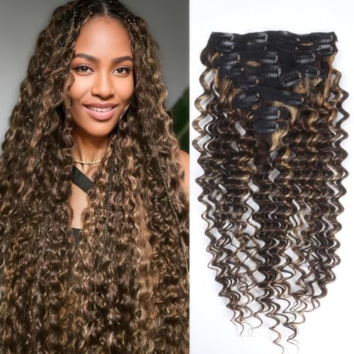 Unipearl Deep Curly Clip in Extensions Echthaar，50cm 20 Zoll 8PCS 120g #4/27 Ombre Braun Haarverlängerung für Frauen Water Wave Remy Hair Extensions Clip in von Unipearl