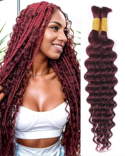 Unipearl Deep Curly Bulk Human Braiding Hair for Boho Braids 2 Bundles 40cm 16 Zoll 100g，#99J Farbe Burgund Water Wave Haarverlängerung für Frauen Hair Extensions Echthaar von Unipearl