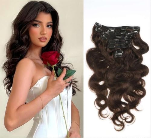 Unipearl Gewellte Clip in Extensions Echthaar，35cm 14 Zoll 8PCS 100g #2 Braun Haarverlängerung für Frauen Body Wave Remy Hair Extensions Clip in von Unipearl
