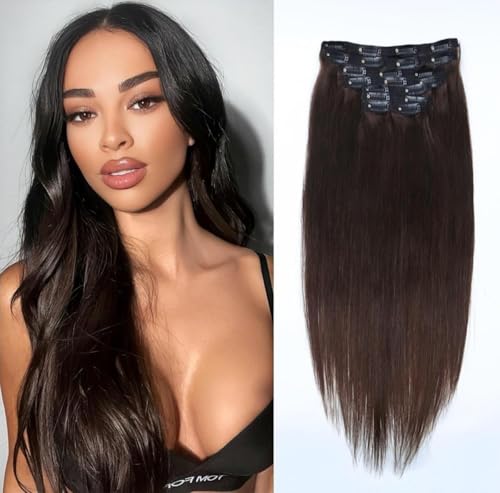 Unipearl Glatt Clip in Extensions Echthaar，55cm 22 Zoll 8PCS 120g #2 Braun Haarverlängerung für Frauen Straight Remy Hair Extensions Clip in von Unipearl