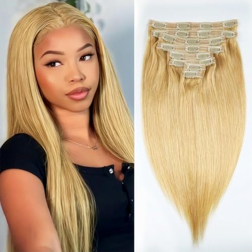 Unipearl Glatt Clip in Extensions Echthaar，55cm 22 Zoll 8PCS 120g #27 HonigBlond Haarverlängerung für Frauen Straight Remy Hair Extensions Clip in von Unipearl