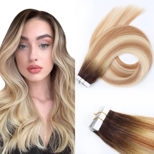 Unipearl Glatt Tape Extensions Echthaar，55cm 22Zoll 20Stück 50g Mischfarbe Invisible Skin Weft Haarverlängerung für Frauen Straight Tape in Extensions Echthaar von Unipearl