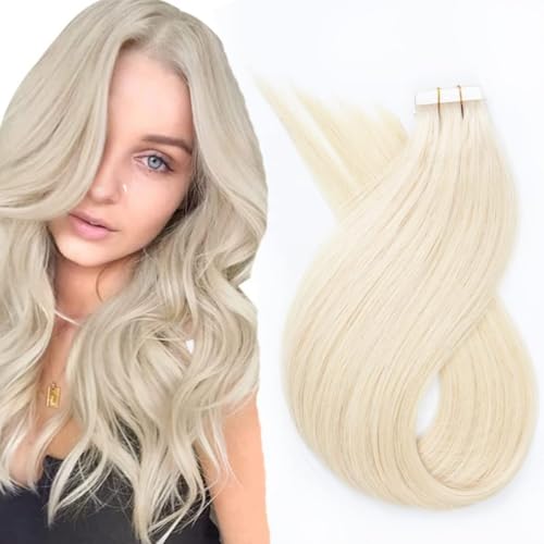 Unipearl Glatt Tape Extensions Echthaar，55cm 22Zoll 20Stück 50g Platinblond Invisible Skin Weft Haarverlängerung für Frauen Straight Tape in Extensions Echthaar von Unipearl