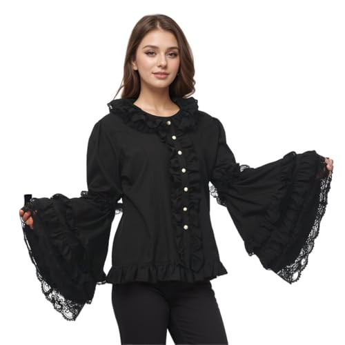 UniqKaliber Damen Lolita Bluse Langarm Spitze Rüschen Shirt Viktorianische Vintage Bluse Chiffon Rüschen Chiffon Crop Top von UniqKaliber