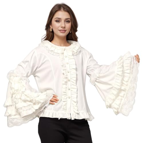 UniqKaliber Damen Lolita Bluse Langarm Spitze Rüschen Shirt Viktorianische Vintage Bluse Chiffon Rüschen Chiffon Crop Top von UniqKaliber