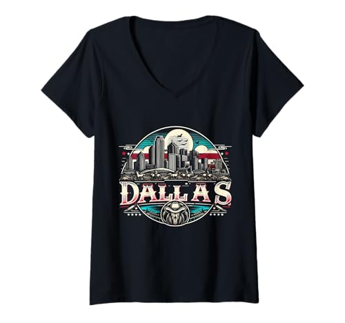 Damen Dallas City Retro-Stil | Vintage Skyline T-Shirt mit V-Ausschnitt von UniqLone Star Dallas Vibes