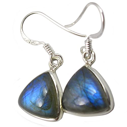 Damen Ohrhänger Silber 925 Sterlingsilber Blue Fire Labradorit 12.2 Karat Silberohrringe Art Déco von Unique Gems