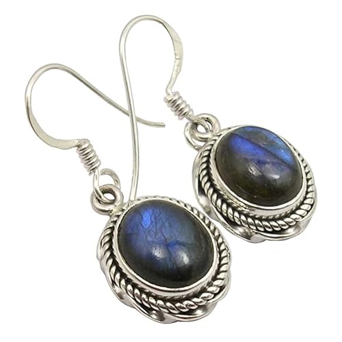 Damen Ohrhänger Silber 925 Sterlingsilber Blue Fire Labradorit 8.6 Karat Silberohrringe Art Nouveau von Unique Gems