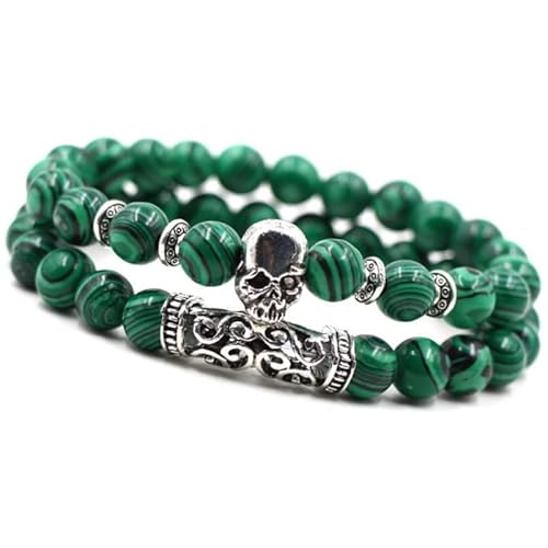 Unique Chakra Duo Armband Malachit Totenkopf Skull 8mm Perlen Energiearmband Heilsteine dehnbar Juweliers Qualität von Unique Gems