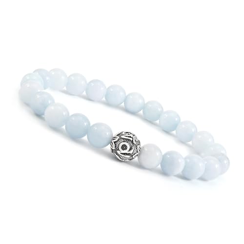 Unique Gems Chakra Buddha Aquamarin Perlen Armband 925 Sterling Silber Mantra Silberperle 8mm Schutzarmband von Unique Gems