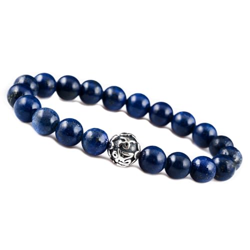 Unique Gems Chakra Buddha Lapislazuli Perlen Armband 925 Sterling Silber Mantra Silberperle 8mm Schutzarmband von Unique Gems