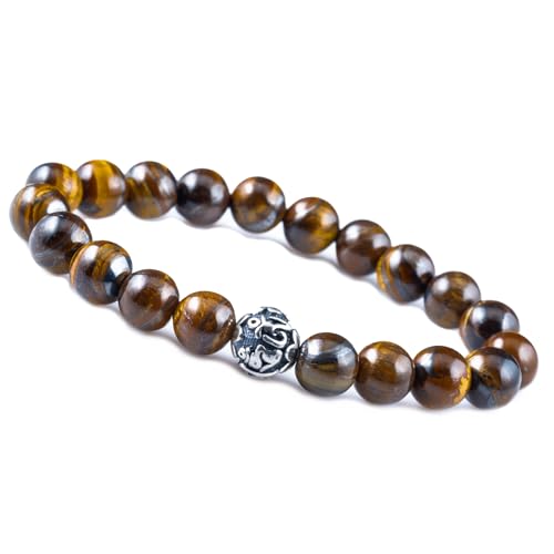 Unique Gems Chakra Buddha Perlenarmband echter Tigerauge 8mm Perlen 925 Sterling Silber Mantra Silberperle Schutzarmband Heilsteine Damen Herren Armband 15cm bis 22cm von Unique Gems