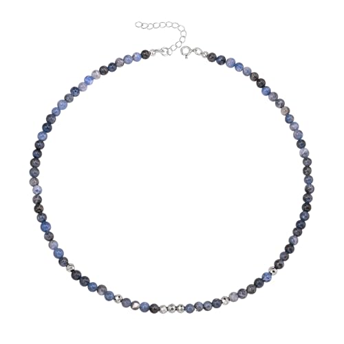 Unique Gems Damen Perlenkette kurz Lapislazuli Ø 4mm rund Edelstein Choker 38cm mit Hämatit Perlen Halskette Juweliers- Qualität von Unique Gems