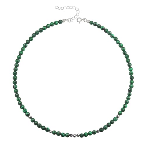 Unique Gems Damen Perlenkette kurz Malachit Ø 4mm rund Edelstein Choker 38cm mit Hämatit Perlen Halskette Juweliers- Qualität von Unique Gems