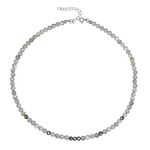 Unique Gems Damen Perlenkette kurz echter Labradorit Ø 4mm rund Edelstein Choker 38cm Hämatit Perlen Halskette Juweliers- Qualität von Unique Gems