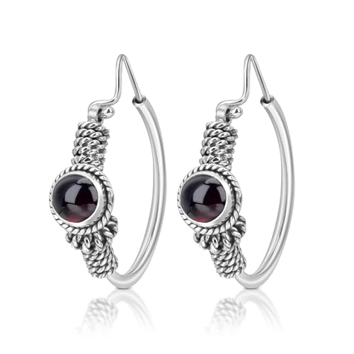 Unique Gems große Shiva Creolen 25mm 925 Sterling Silber roter Granat 2.4 Karat Damen Vintage Ohrringe Juweliers- Qualität von Unique Gems