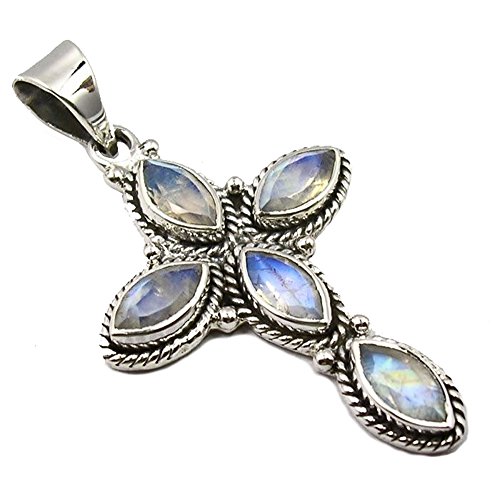 Unique exklusiver Ketten Anhänger Mondstein eingefasst in 925 Sterling Silber 12.5 Karat Kreuz Juweliers- Qualität von Unique Gems