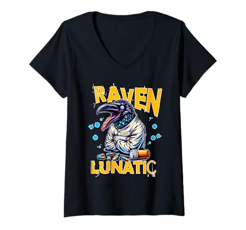 Damen Raven Lunatic Wortspiel Crazy Animal with Pillen Lustiger Wahnsinniger Vogel T-Shirt mit V-Ausschnitt Damen Raven Lunatic Wortspiel Crazy Animal with Pillen Lustiger Wahnsinniger Vogel T-Shirt mit V-Ausschnitt von Unique Gifts For Bird Lover