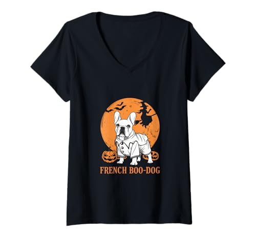 Damen Französischer Boo-Dog Lustige Französische Bulldogge Halloween Männer T-Shirt mit V-Ausschnitt Damen Französischer Boo-Dog Lustige Französische Bulldogge Halloween Männer T-Shirt mit V-Ausschnitt von Unique Gifts for French Bulldog Enthusiasts