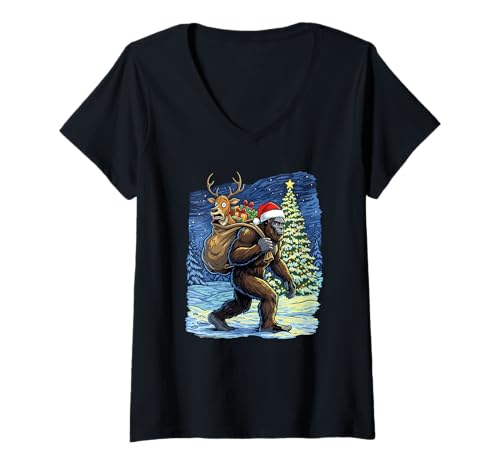 Damen Funny Bigfoot Carrying Reindeer Christmas Santa Design T-Shirt mit V-Ausschnitt Damen Funny Bigfoot Carrying Reindeer Christmas Santa Design T-Shirt mit V-Ausschnitt von Unique Holiday Party Humor Cryptid Yeti Parody
