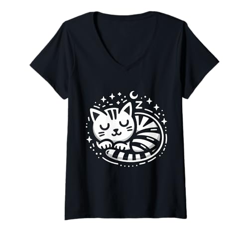 Damen Sleepy Cat - Niedliche Cartoon-gestreifte Katze Nickerchen T-Shirt mit V-Ausschnitt Damen Sleepy Cat - Niedliche Cartoon-gestreifte Katze Nickerchen T-Shirt mit V-Ausschnitt von Unique Sleepy Cat