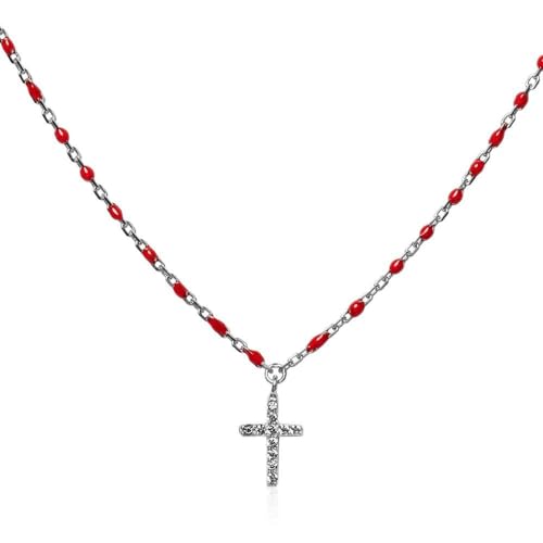 925er Silberkette Kreuz von Unique mit Perlen aus roter Emaille von Unique Sports