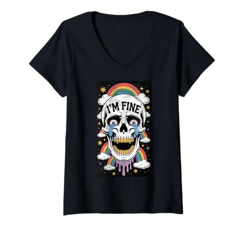 Damen Totenkopf mit Regenbogen-Grafik Retro lustig T-Shirt mit V-Ausschnitt von Unique and Creative Apparel