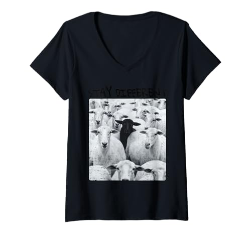 Damen Stay Different Be Unique Schaf-Grafik mit einem schwarzen Schaf T-Shirt mit V-Ausschnitt von Unique & Different Cool Sheep