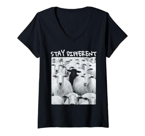 Damen Stay Different Be Unique Schaf-Grafik mit einem schwarzen Schaf T-Shirt mit V-Ausschnitt von Unique & Different Cool Sheep