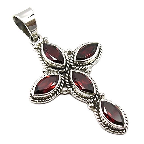 Unique Gems Kettenanhänger Silber 925 Sterlingsilber Roter Granat Kreuz 12.5 Karat Silberanhänger Damen Art Nouveau von Unique Gems